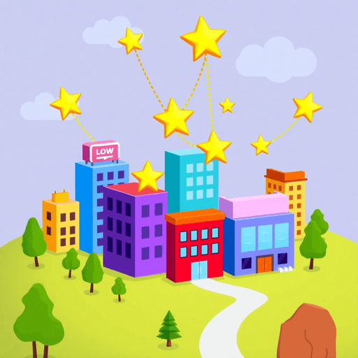 A vibrant cartoon landscape featuring colorful buildings representing websites, linked by arrows. One building shines with a gold star, while others display smaller stars, symbolizing link equity.