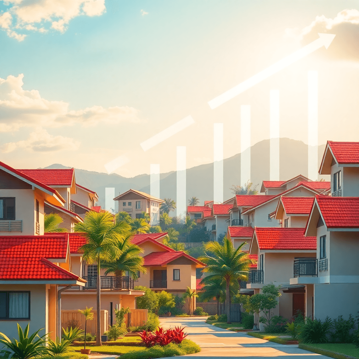 Asian Real Estate Expert Sunlit Thai neighborhood with affordable homes and apartments, featuring subtle keys, house outlines, and upward arrows symbolizing growth and investment.