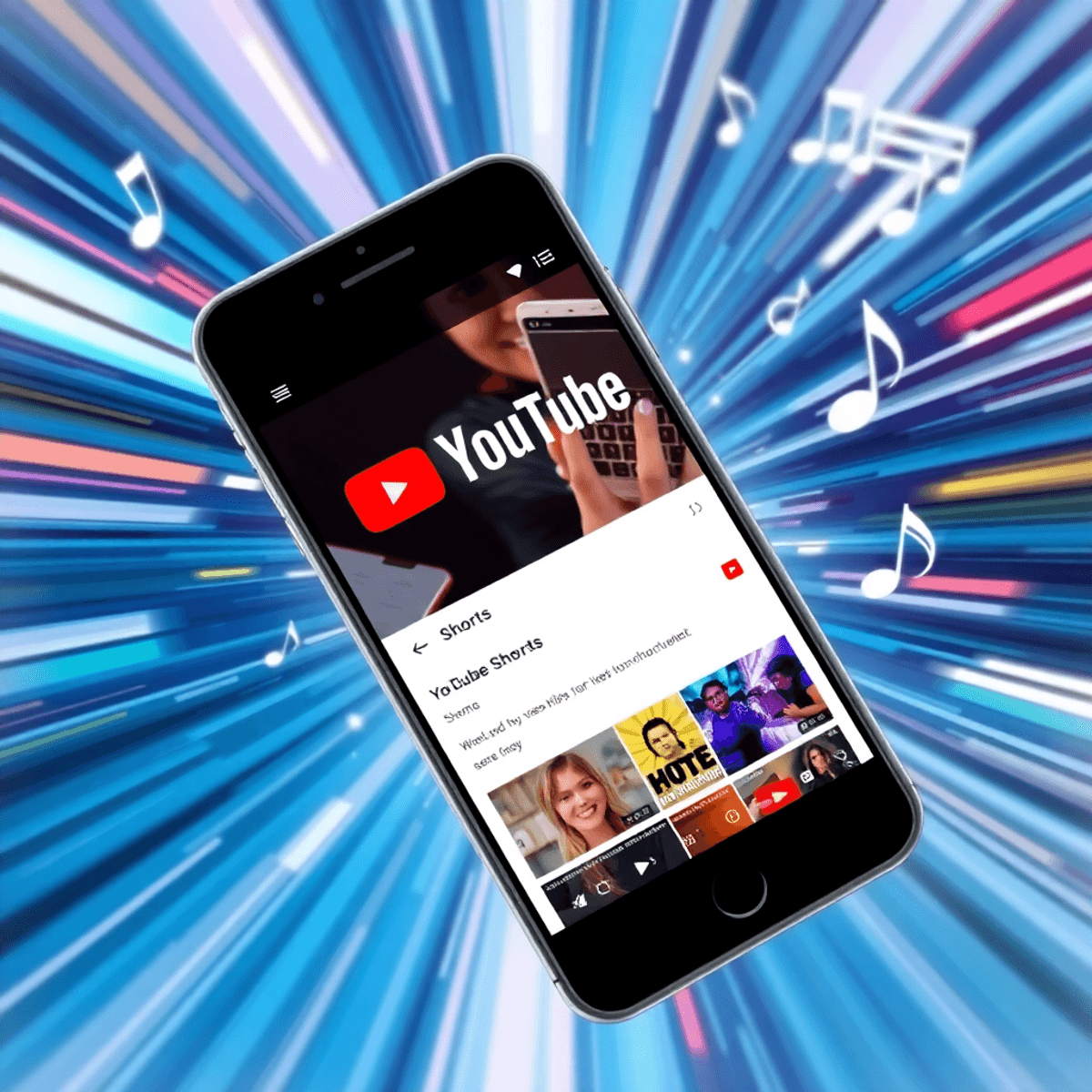 A smartphone displaying the YouTube Shorts interface with colorful play buttons and video thumbnails, set against a dynamic, modern background filled with music notes and text overlays.