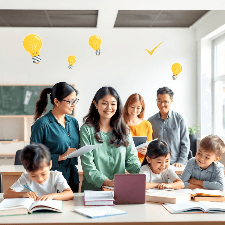 Bright modern classroom with teachers engaging students, surrounded by open books, lightbulbs, and checkmarks symbolizing ideas and assessment.