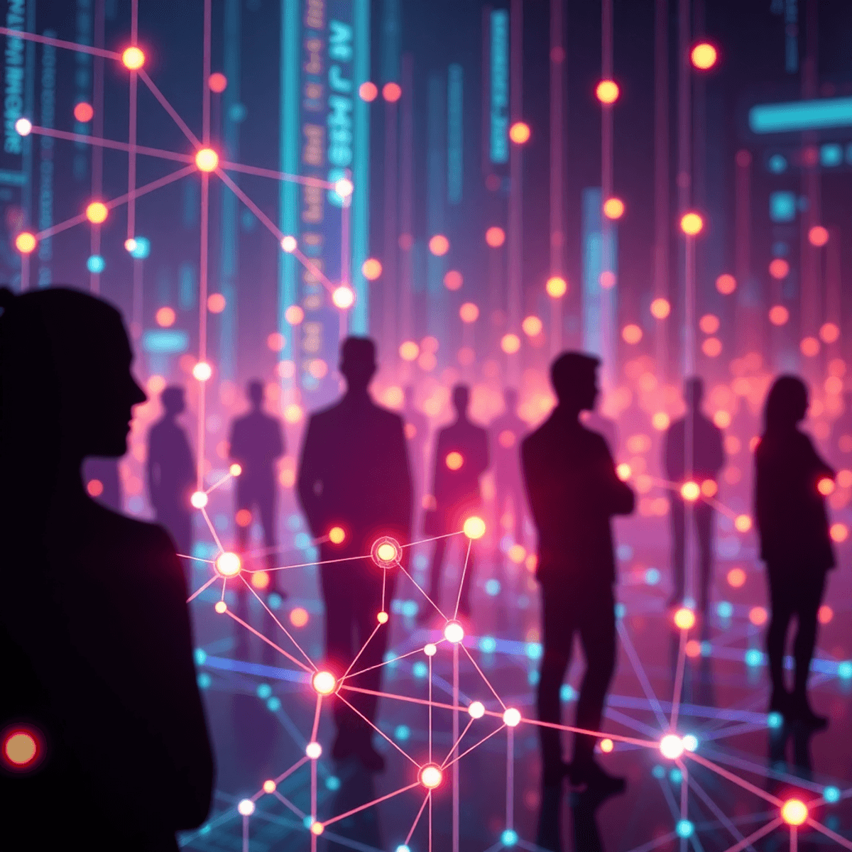 Influencer Marketing On Global Internet Abstract human silhouettes linked by glowing data streams and nodes in a vibrant, futuristic digital scene symbolizing AI-driven marketing and trend prediction.