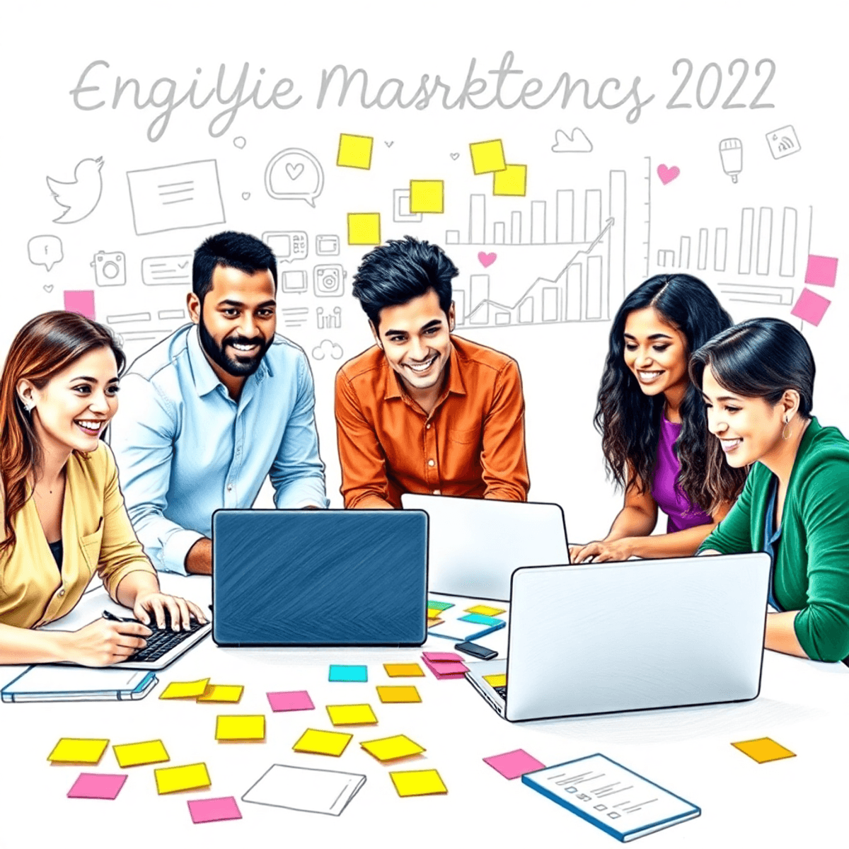 A lively digital marketing scene with a group brainstorming around a table of laptops and notepads, surrounded by social media icons and graphs, depicting collaboration and creativity.