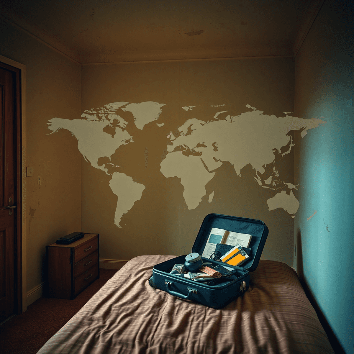 Hotel tourist trap in every country during travel around the world Cozy worn hotel room with peeling paint, dim lighting, open suitcase with essentials, and a faint world map overlay symbolizing travel challenges.