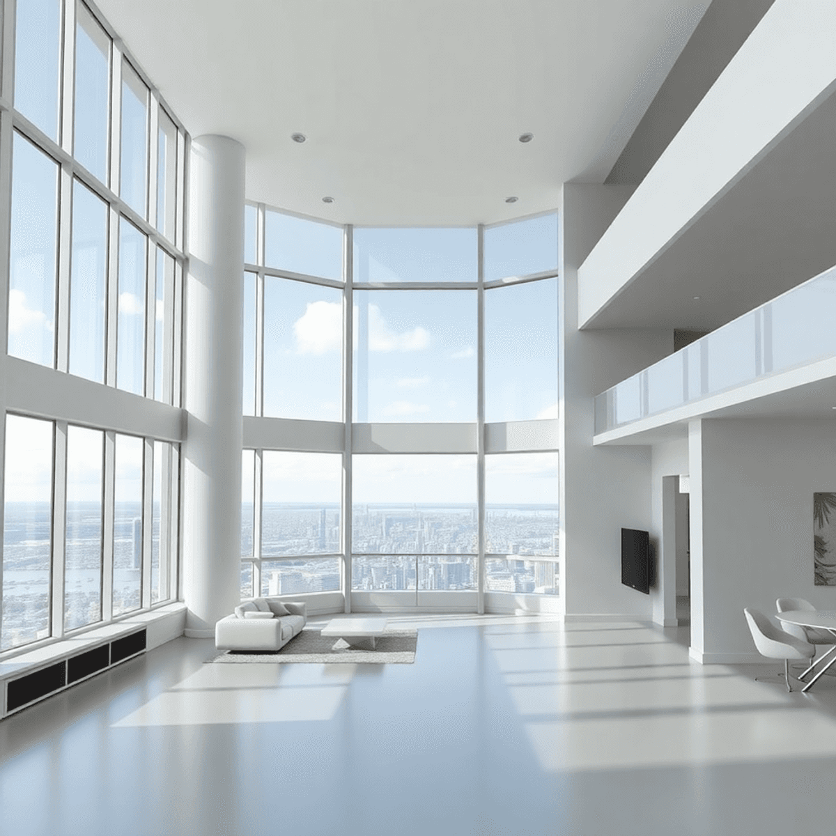 Condominium market blog from Bangkok Thailand Bright modern condo interior with high ceilings, large corner windows showing city view, soft natural light, and nearby communal living spaces.