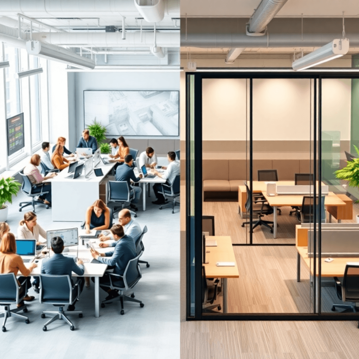 Digi nomads in singapor coworking spcae Bright coworking space with professionals at shared desks beside sleek private offices with glass partitions in a vibrant urban setting.