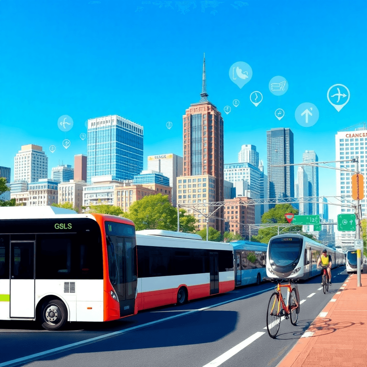 A bustling cityscape featuring electric buses, high-speed trains, and bicycles under a clear blue sky, with GPS and traffic management icons highlighting modern transportation innovation.