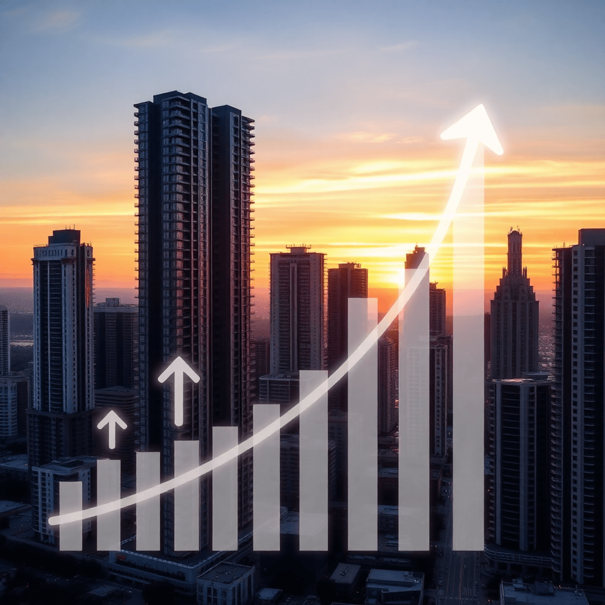 Index of affordability on global scale City skyline at sunset with high-rise condos and glowing abstract arrows and graphs symbolizing financial growth and smart investment.