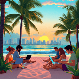 Digital art of a vibrant Miami beach at sunset with people working on laptops under palm trees near the ocean, colorful city skyline and tropical plants in the background.