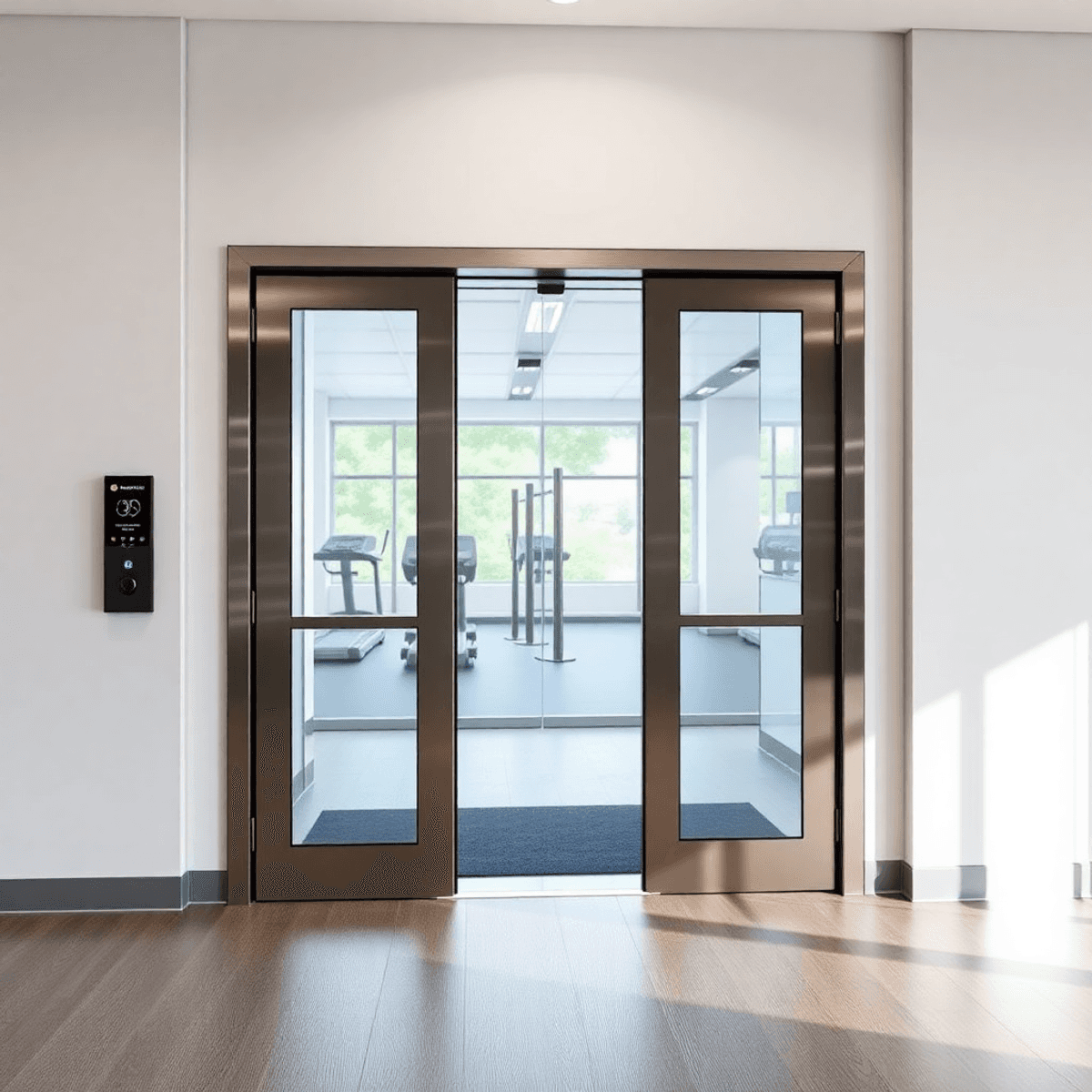 Entrance of a modern gym with sleek touchless access doors and digital interface in a bright, clean setting symbolizing security and convenience.
