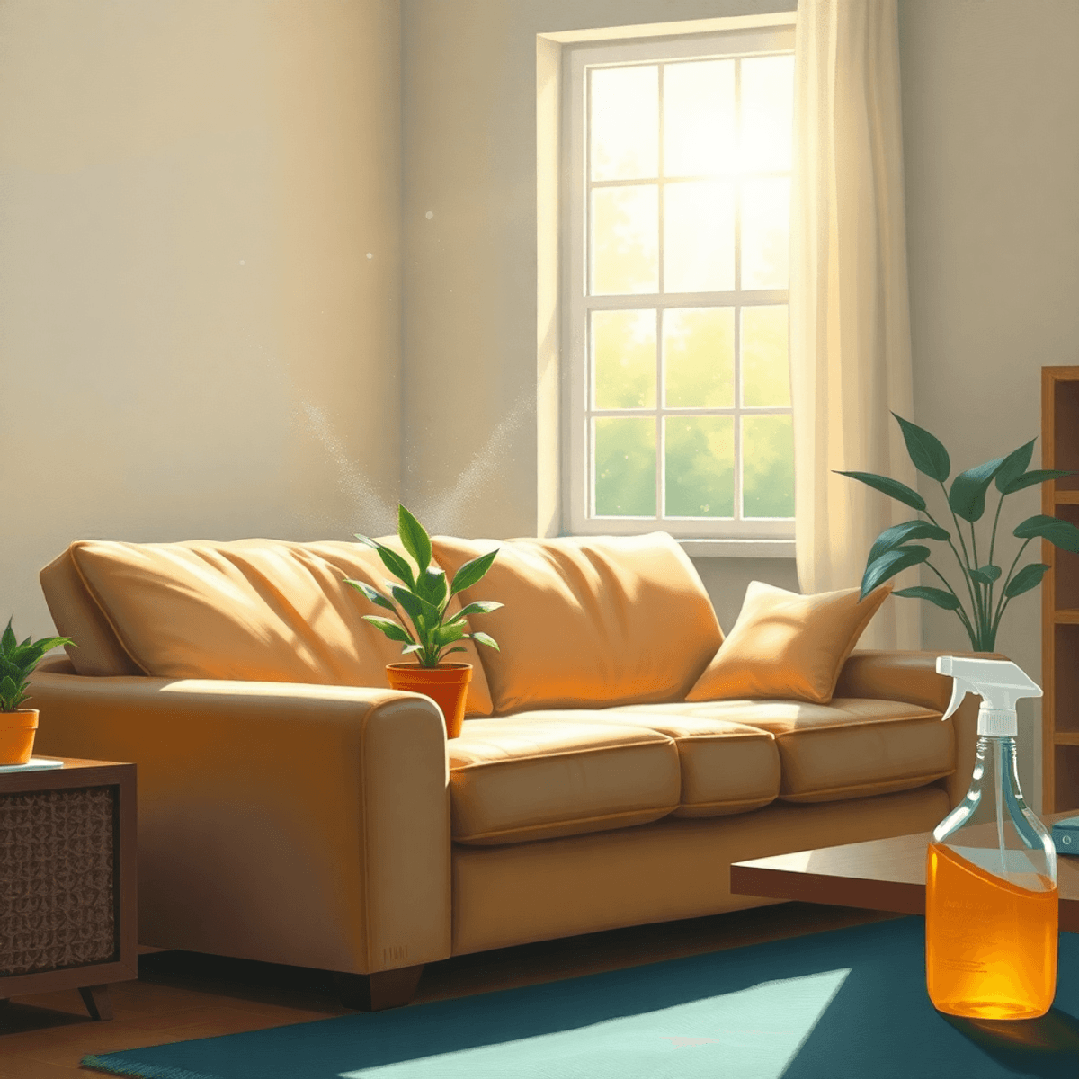 Dust and Mold A cozy living room with a plush couch, sunlight streaming through a bright window, dust particles in the air, a small potted plant, and a cleaning spray bottle nearby.