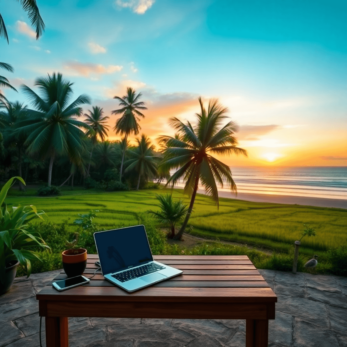 living in paradise as a expat Sunset tropical beach with a wooden table, laptop, palm trees, and rice terraces, showcasing a serene outdoor workspace.