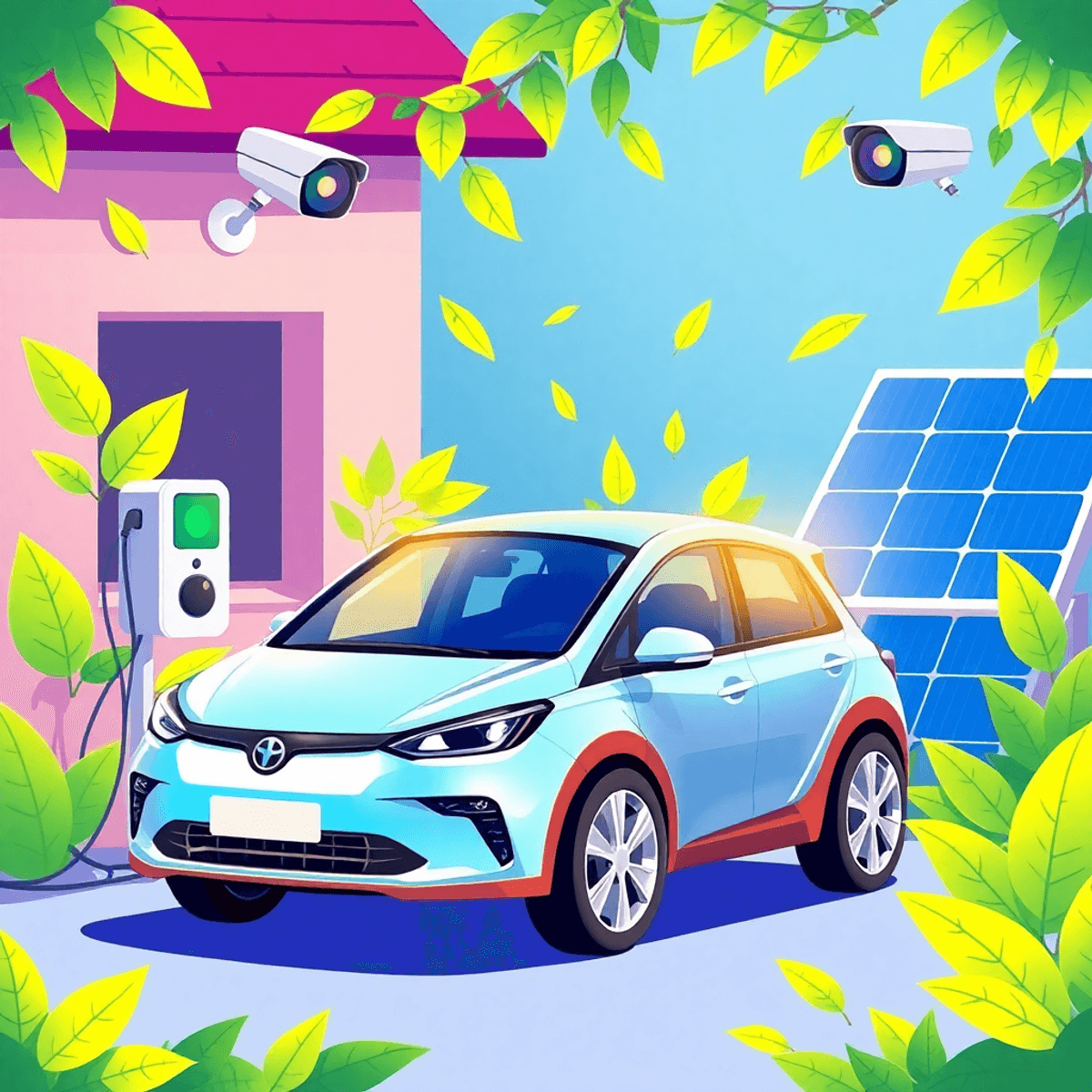An electric vehicle charges at a home station, surrounded by green leaves and solar panels, with a CCTV camera in the background, illustrating security and sustainability.