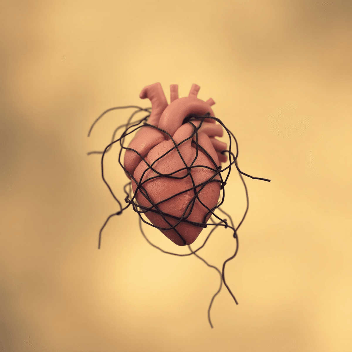 funk SE000 Delicate human heart entwined in thin dark threads against a soft, blurred background blending warm and cool tones, symbolizing emotional struggle.