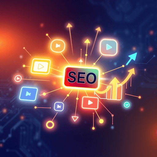 Glowing network hub connecting video play icons, upward arrows, and data streams against a futuristic AI circuitry background symbolizing SEO and video content integration.