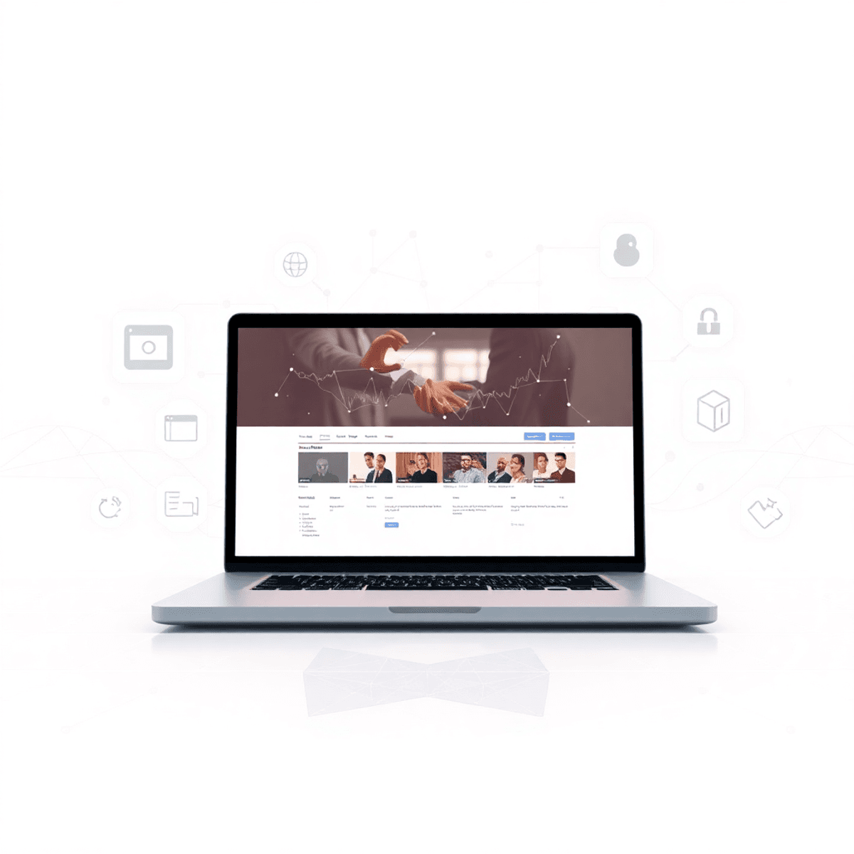 Laptop showing video timeline with SEO and keyword icons, set in a sleek digital workspace with AI-themed neural patterns and glowing lines.
