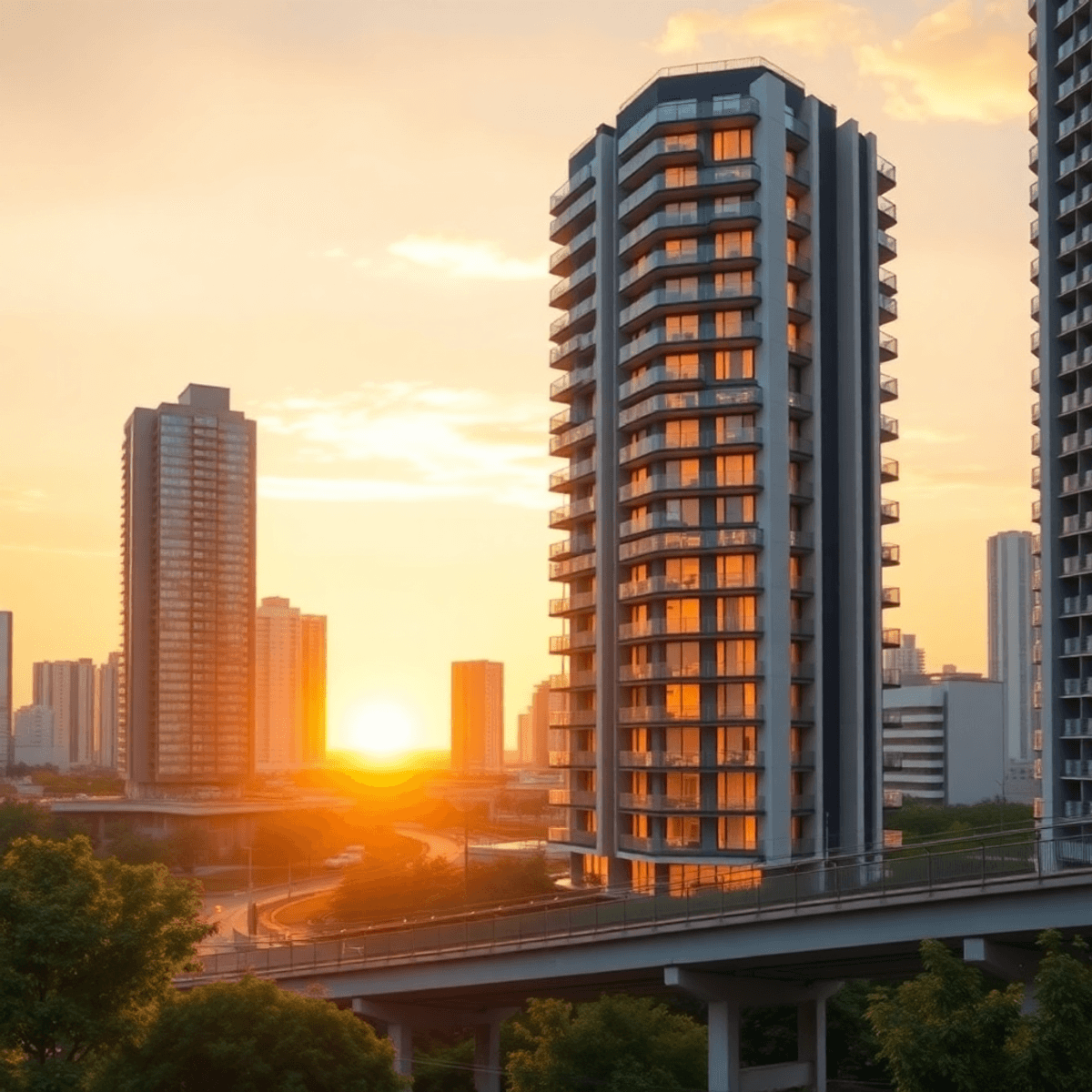 Modern high-rise condo at sunset with glowing windows, lush greenery, and an elevated train track in a vibrant cityscape, minimalist style.