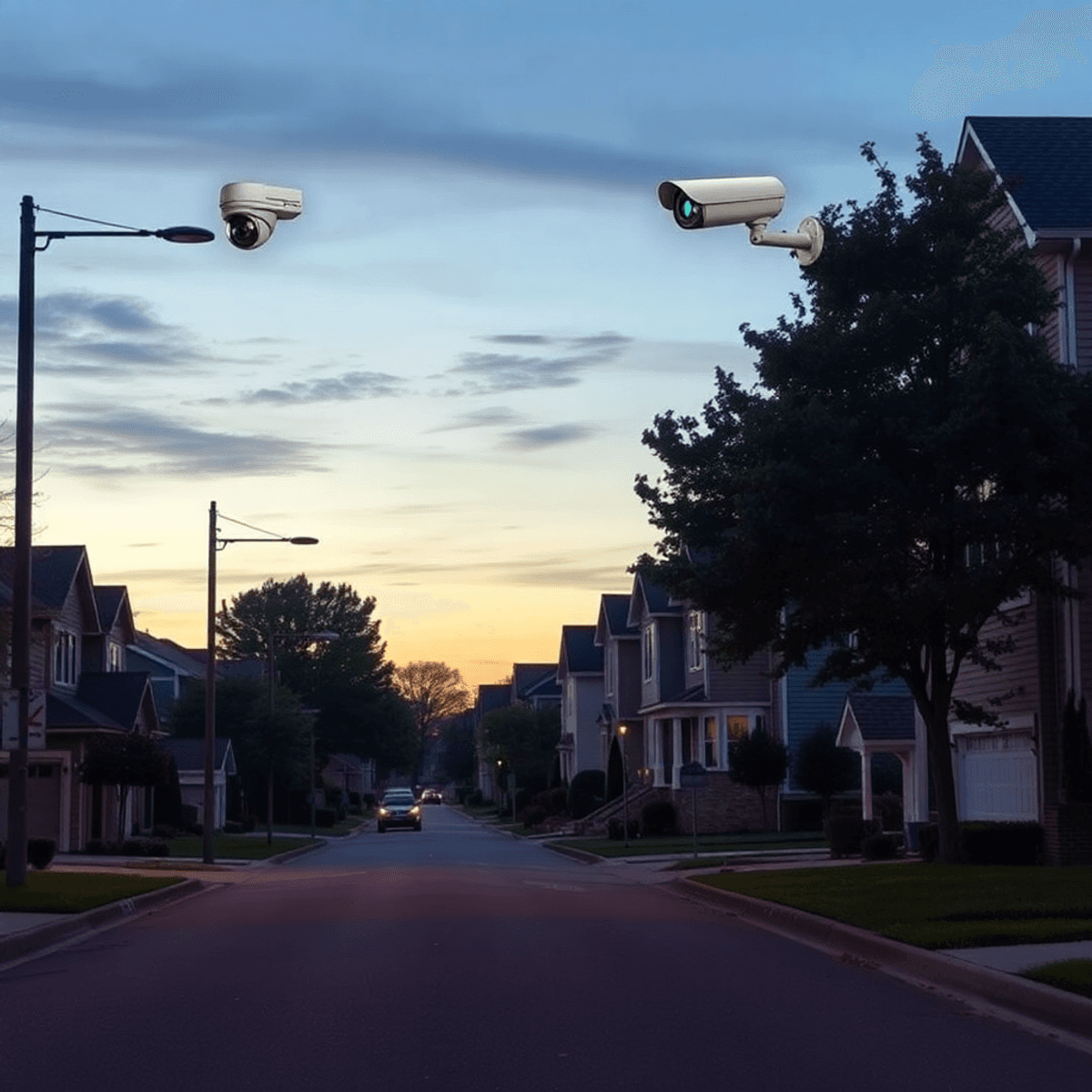 Suburban street at dusk with tidy houses and visible security cameras and alarms, evoking a calm, vigilant atmosphere.