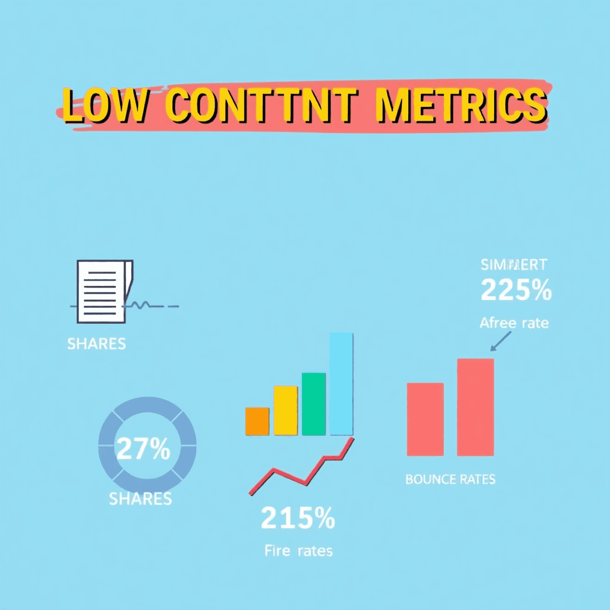 An infographic showcasing low content metrics like engagement rates, shares, and click-through rates with icons and simple graphs in a vibrant, one-line drawing style.