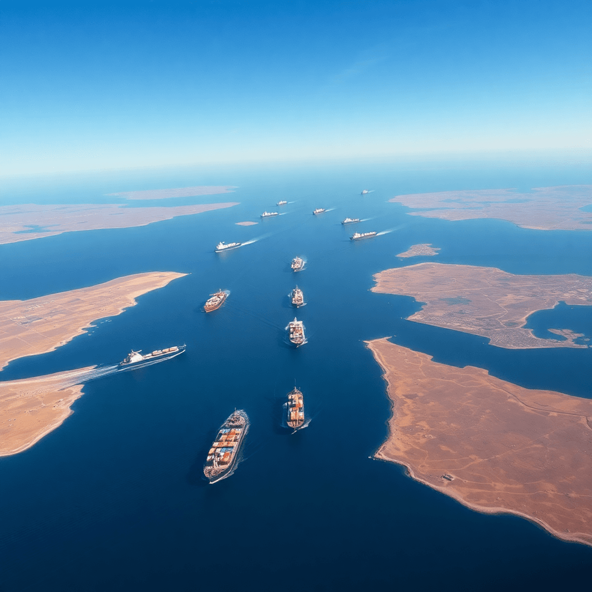 video of strait of Hormuz on your diesel station Aerial view of a busy maritime strait with oil tankers and cargo ships navigating calm blue waters between arid desert coastlines under a clear sky.