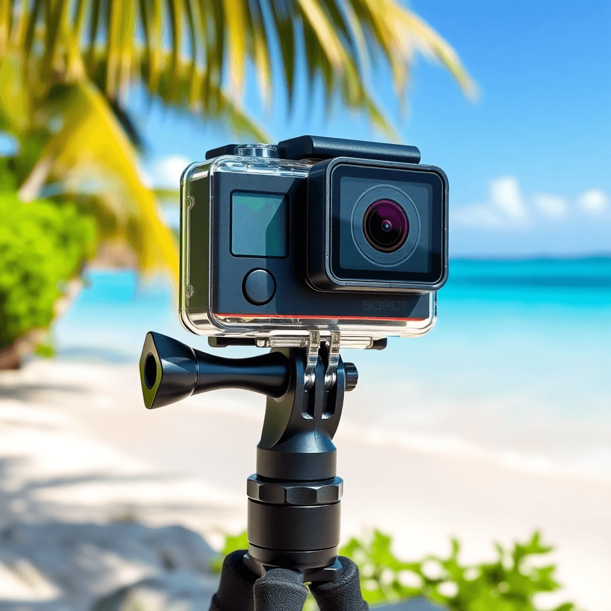 Video Description: Navigating Common Challenges in Video Influencer Workflows 360-degree action camera on flexible tripod against vibrant tropical beach with clear water and lush greenery in bright natural light.
