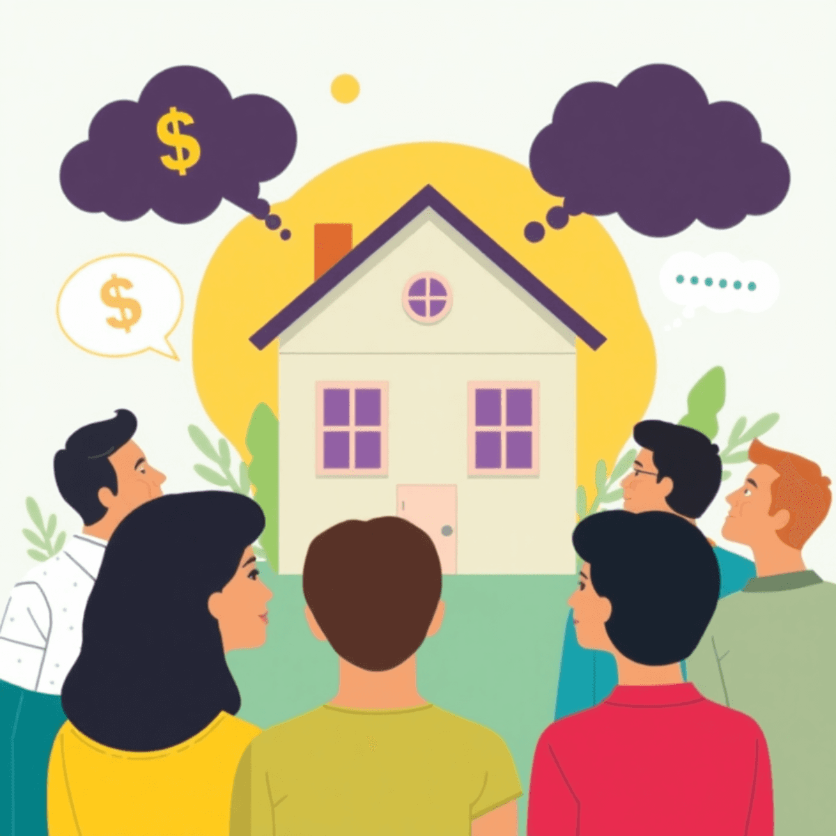 A digital art scene showing a group of people gazing thoughtfully at a house, surrounded by symbols like dollar signs and thought bubbles, conveying community and reflection.