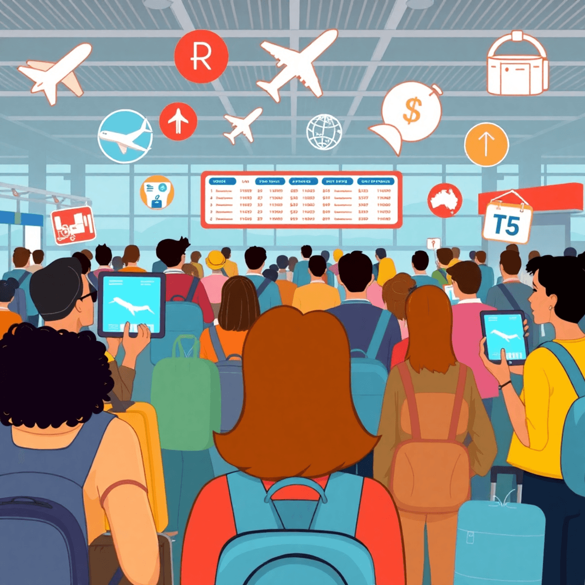 Travel Cost Trends 2025, Inflation Impact on Tourism, Budget Travel Hacks, Rising Airfare Prices, Currency Fluctuations Travel, Cost of Living for Travelers, Affordable Destinations 2025, Inflation and Travel Planning Travelers at an airport checking flight prices on digital screens, surrounded by icons of rising costs like tickets, hotels, and dining bills.