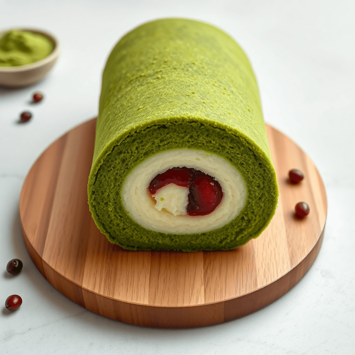 in every shop you can buy matcha red bean cake Close-up top-down view of a vibrant green matcha Swiss roll with red bean swirl on a wooden board, surrounded by matcha powder and scattered red beans.