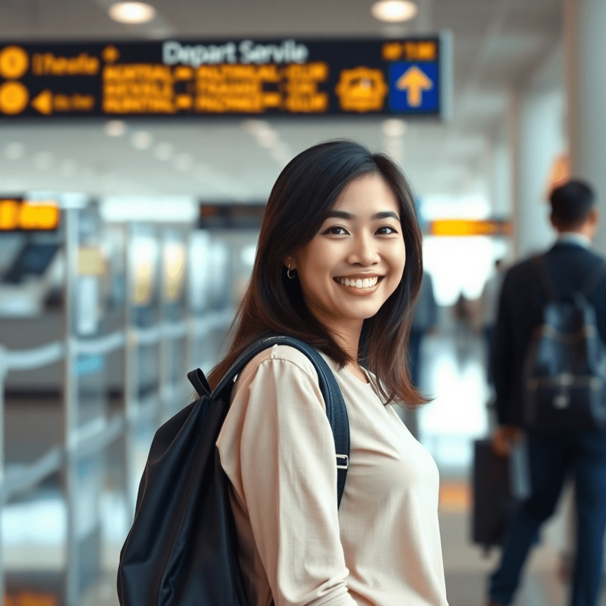 Solo Travel, Women Travelers, Relationships, Adventure Travel, Female Explorers, Travel Independence, Empowering Women, Journey of Discovery, Travel Stories, Exploring Solo, Relationship Dynamics, Female Travel Tips, Solo Adventures, Women Empowerment, Travel Inspiration, Independent Women, Traveling Partners, Balancing Relationships, Adventure Seekers, Exploring the World A confident woman with a backpack smiling at an airport departure gate, symbolizing solo travel and independence.