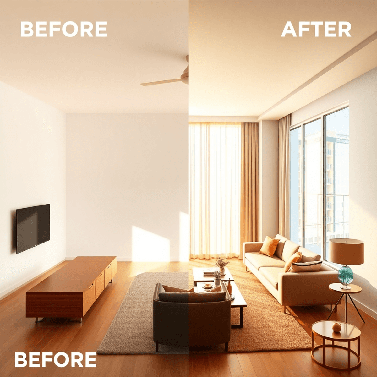 Split image of a condo interior before and after renovation; one side empty and plain, the other stylish, vibrant, and warmly lit with modern furniture and decor.