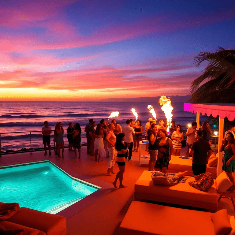 Minimum 15 beers per party - really :) Sunset oceanfront party with poolside lounge, elegant beds, dancing crowd, colorful lights, gentle waves, and fire performers creating a vibrant atmosphere.