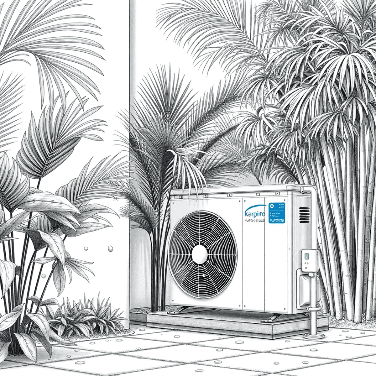 Pencil drawing of a modern outdoor AC unit near tropical trees with condensation droplets, clean grounds, and soft natural lighting in a serene hotel exterior scene.