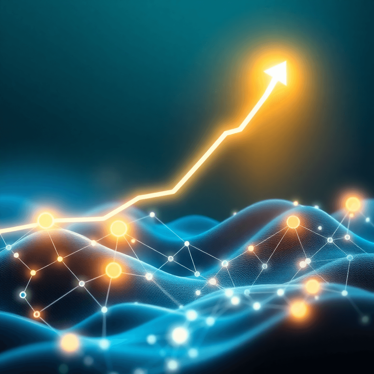 Bialystok Bangkok <-- mexico cambodia A digital landscape with glowing interconnected nodes, abstract web structures, and a rising light arrow symbolizing growth against a sleek blue-green gradient background.