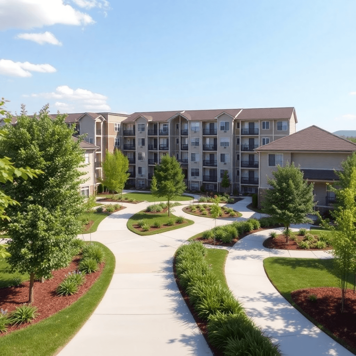 expat index of affordability Modern suburban condominium complex with lush greenery, clean walkways, and a bright, clear sky, representing affordable housing in a growing neighborhood.