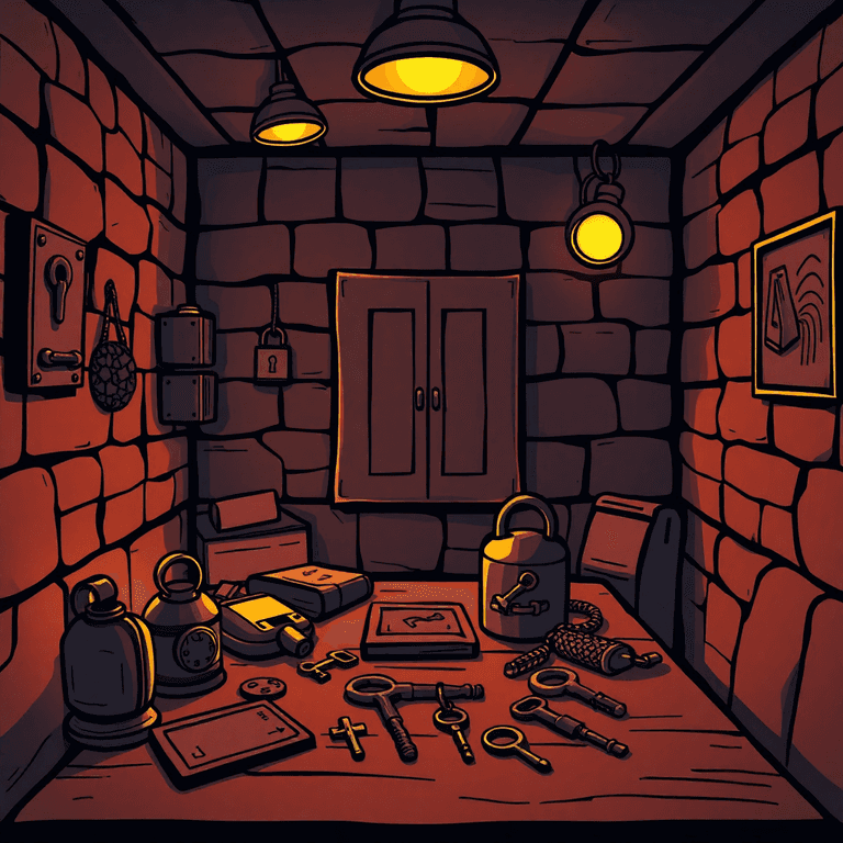 Line drawing of a dimly lit escape room with puzzles, locks, keys, and cryptic objects on a table, highlighted by warm ambient lighting.