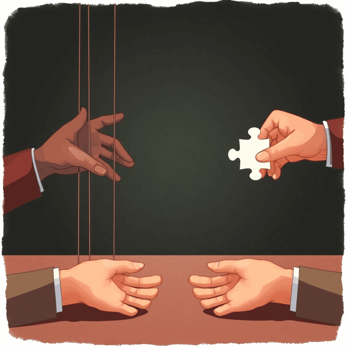 Split image showing dark hands controlling puppet strings on one side and bright hands assembling puzzle pieces on the other, symbolizing negative and positive manipulation.