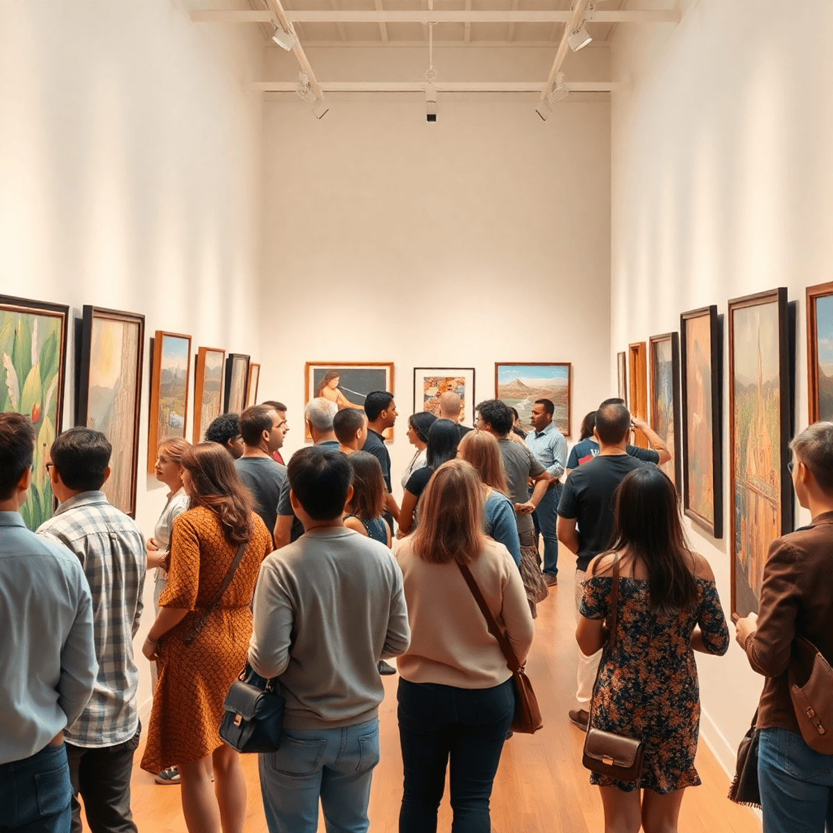 People engaging and discussing artworks in a bright, modern art gallery with vibrant pieces on display.