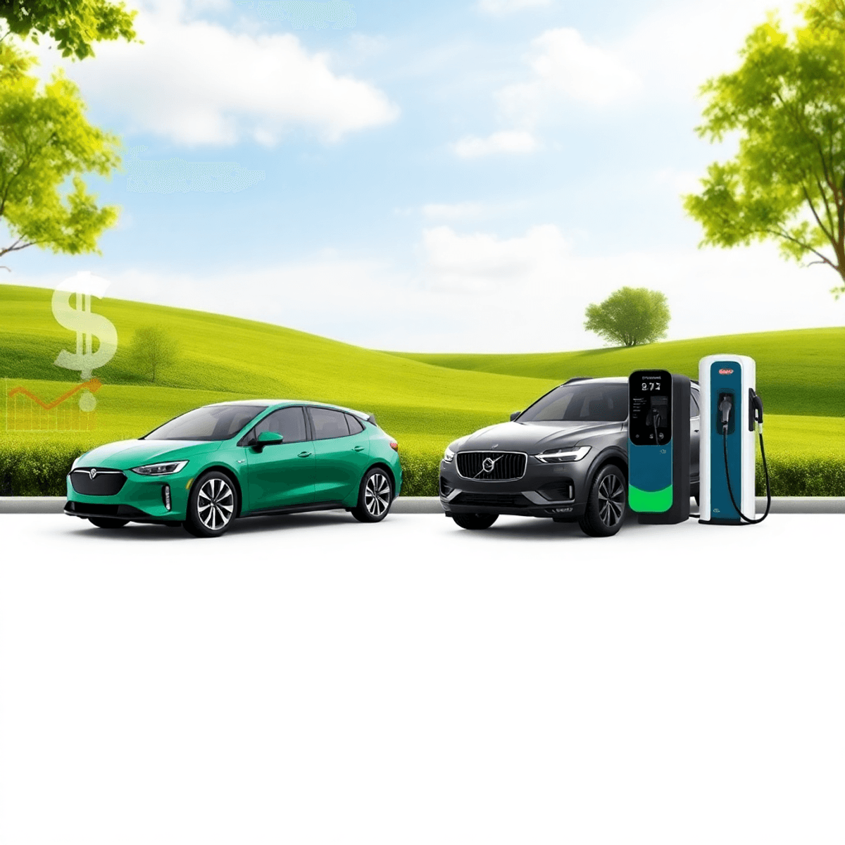 A side-by-side comparison of a modern electric vehicle and a traditional petrol car against a green landscape, with subtle dollar signs in the background.