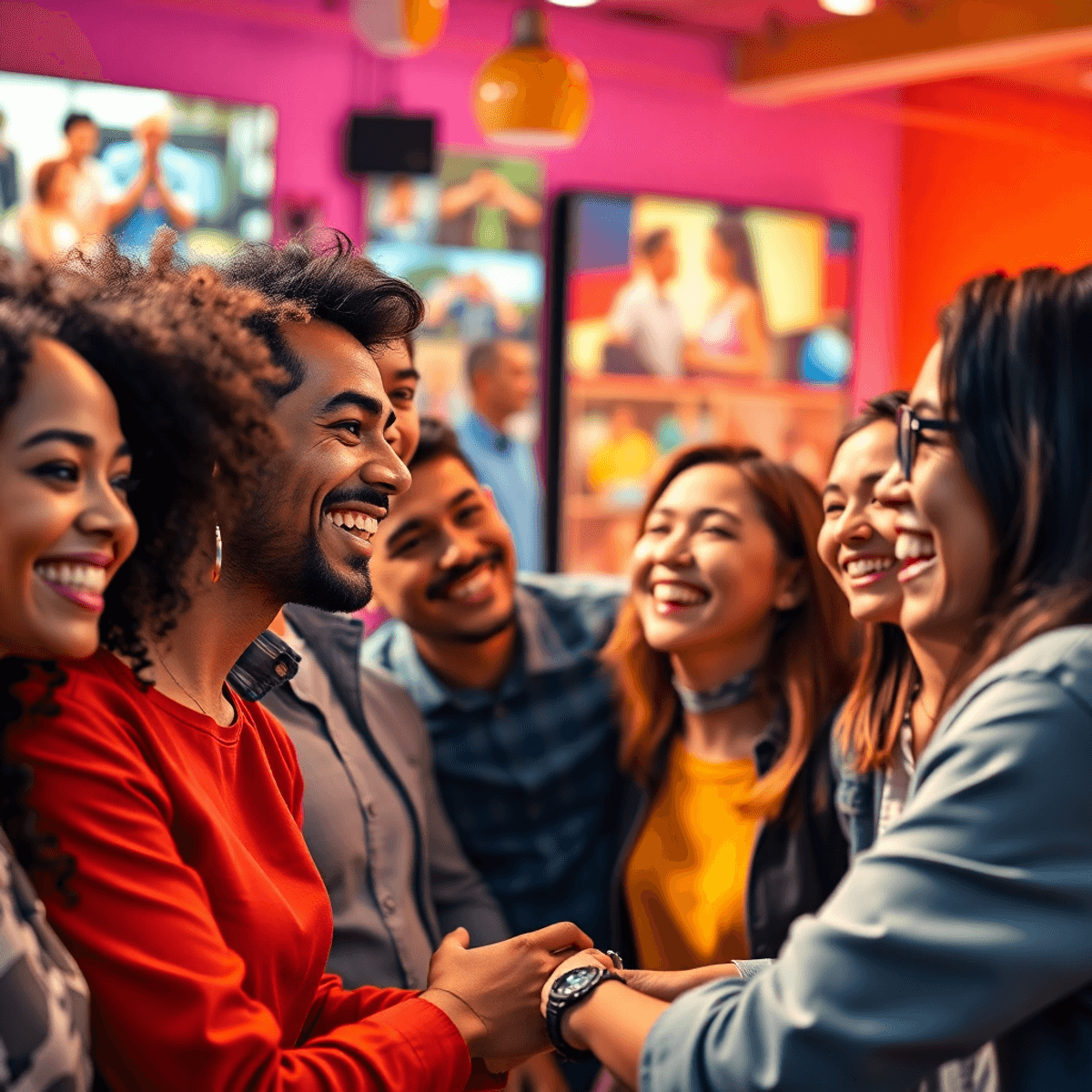 A diverse group of people smiling and interacting joyfully in a bright, colorful environment with film reels and digital screens, evoking happiness and connection.