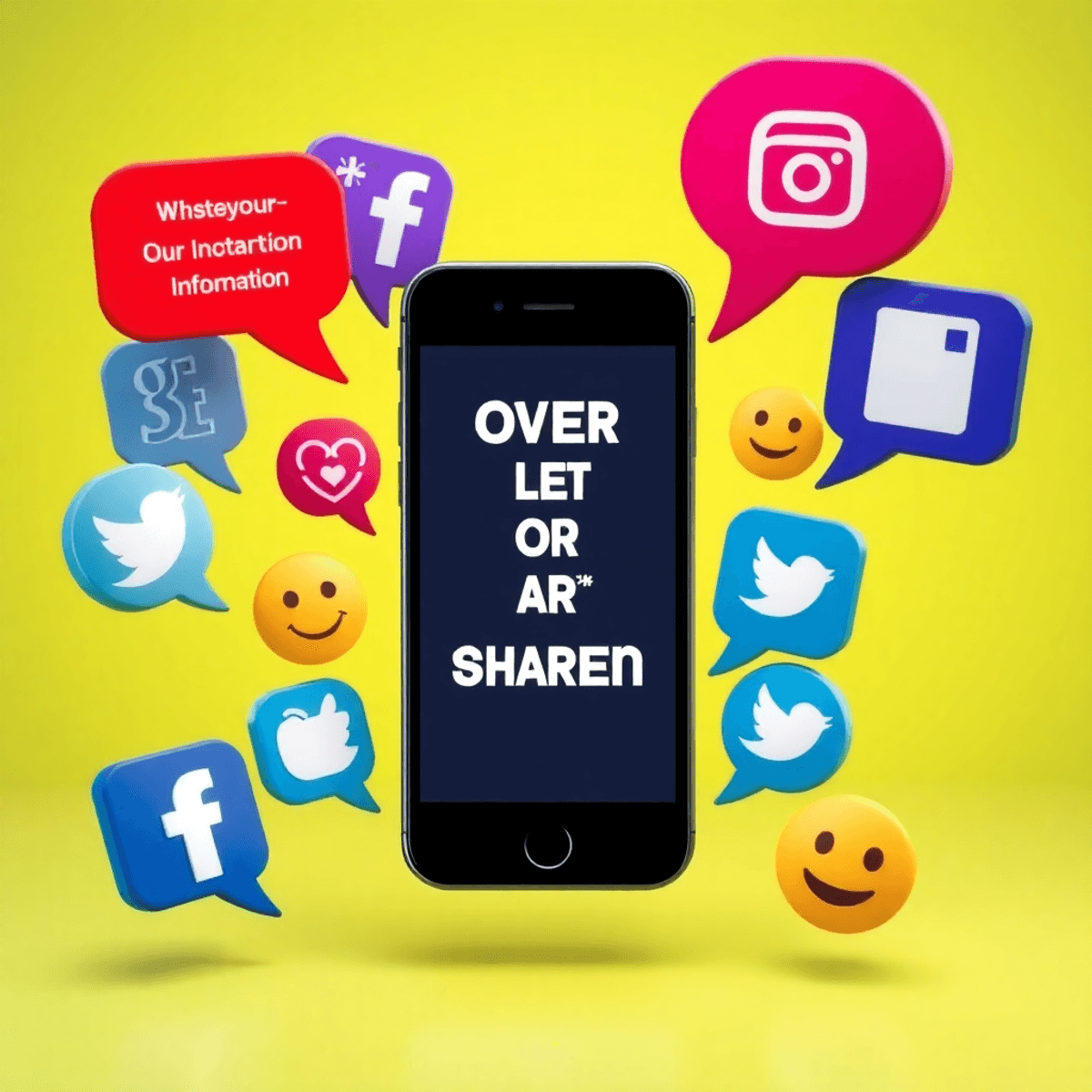 A smartphone surrounded by colorful social media icons, speech bubbles with personal info, and emojis, set against a bright background symbolizing online communication.