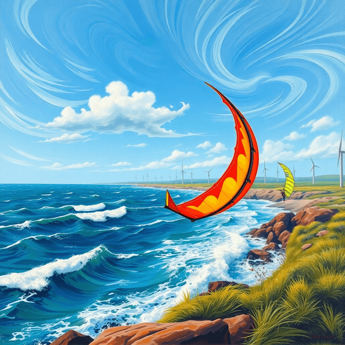 windy point with free star dust Oil painting of a windy coastal lookout with dynamic waves, fluttering kitesurf sails, distant wind turbines, and swirling wind patterns in a clear sky.