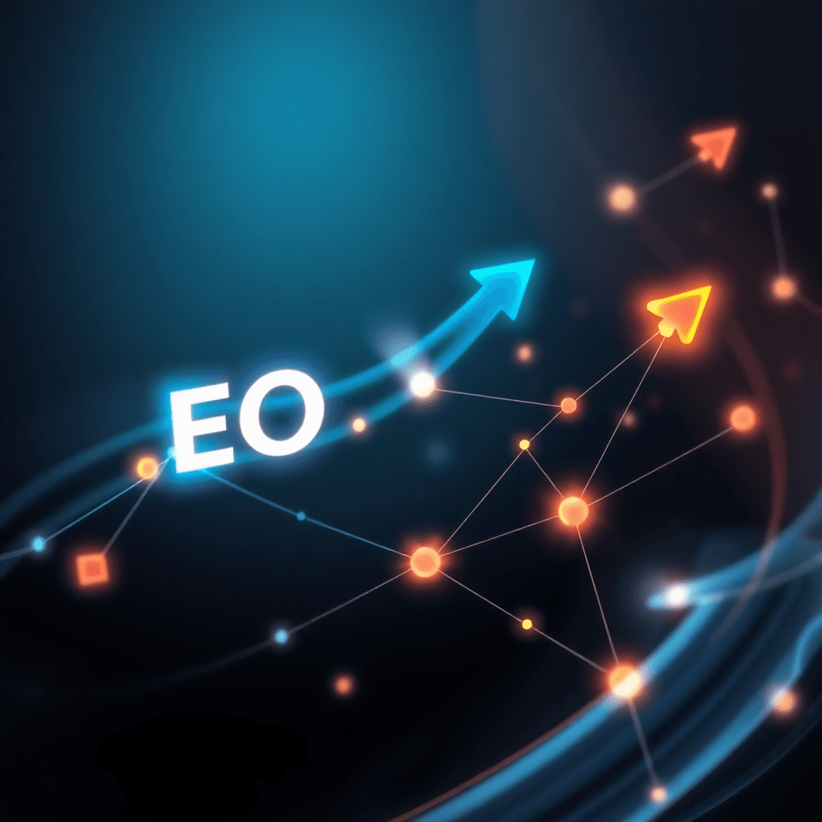 unseen for your eyes Abstract glowing arrows and interconnected nodes on a dark gradient background, symbolizing data flow and digital marketing strategy in an oil painting style.