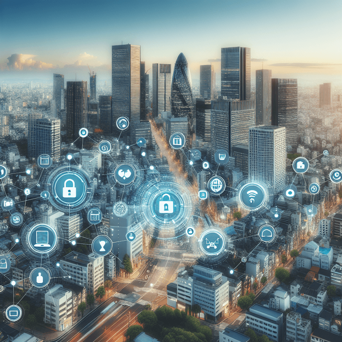 A digital art representation of a futuristic cityscape with various smart devices and technologies.