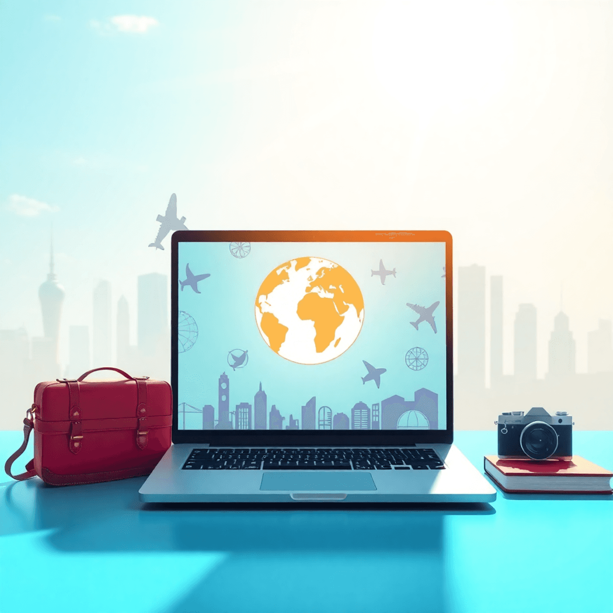 Sunlit workspace with laptop showing globe icon and travel symbols; city skyline silhouettes in background, highlighting digital nomad and global travel themes.
