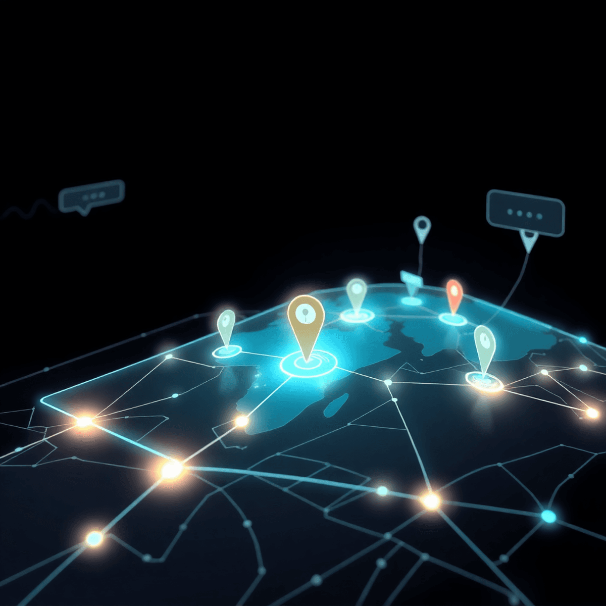 SEO expert lost the jobs at 2027 One-line digital map with glowing location pins and AI neural network lines on a sleek background featuring voice waveforms and chat bubbles.