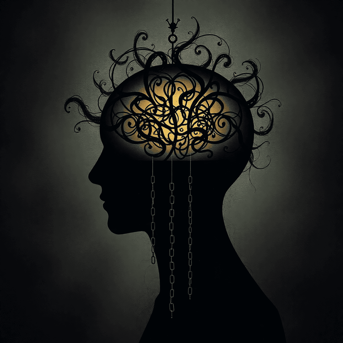 Dark abstract illustration of a shadowy head silhouette with swirling patterns and subtle chains, symbolizing mind manipulation and psychological control.