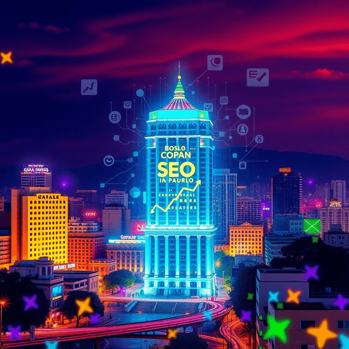 Illuminating Strategies: SEO by Night with São Paulo's Skyline São Paulo cityscape with Copan building, digital SEO overlay, and modern tech blending with traditional cultural motifs in a realistic style.