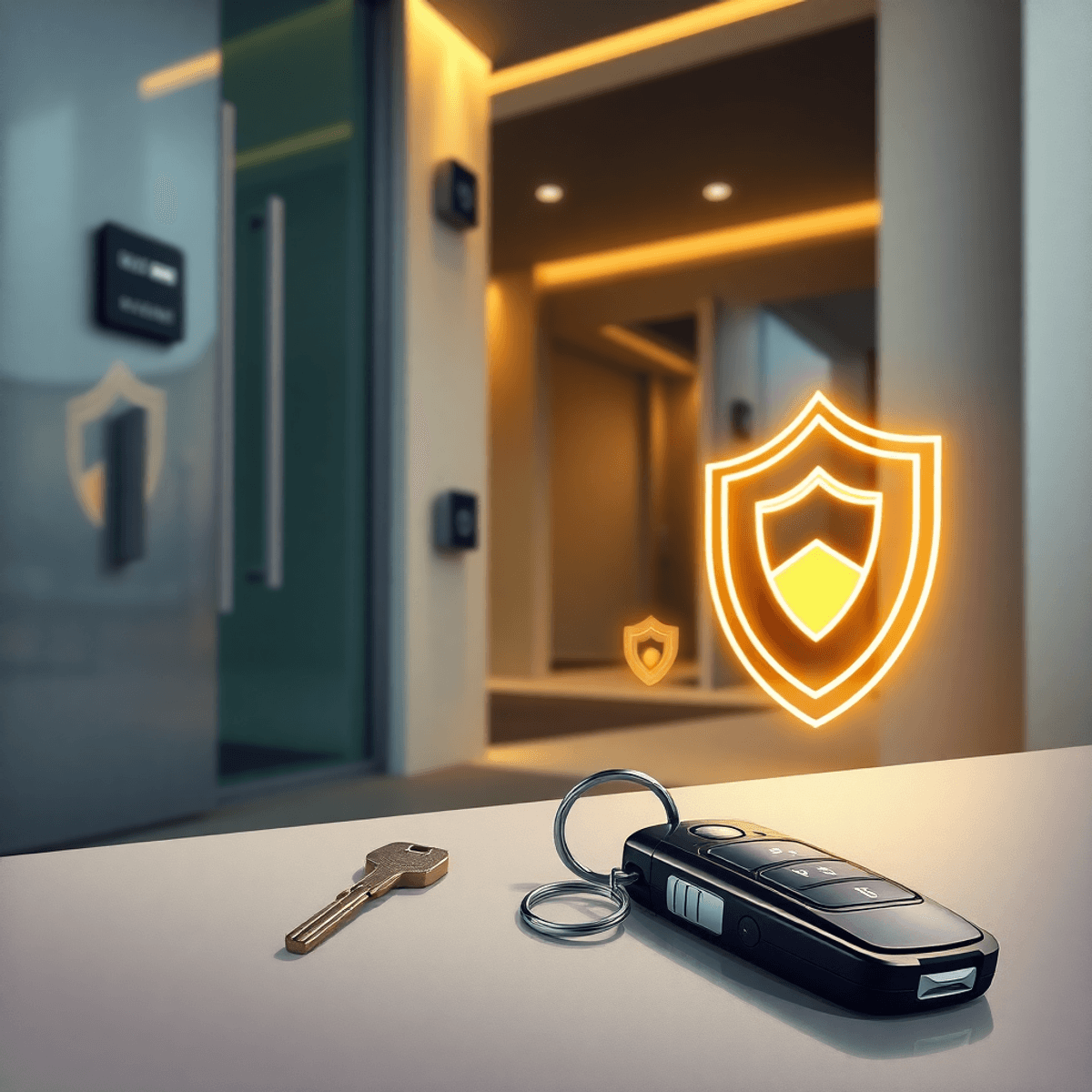 I reported to samut prakan police that pr0stitue from pattaya steal my computer and juridiction offcie gave me car to her. Interpol need help inn samut prakan Oil painting of a modern luxury condo entrance with sleek security, car keys on a smooth surface, and glowing magnifying glass and shield icons in warm lighting.