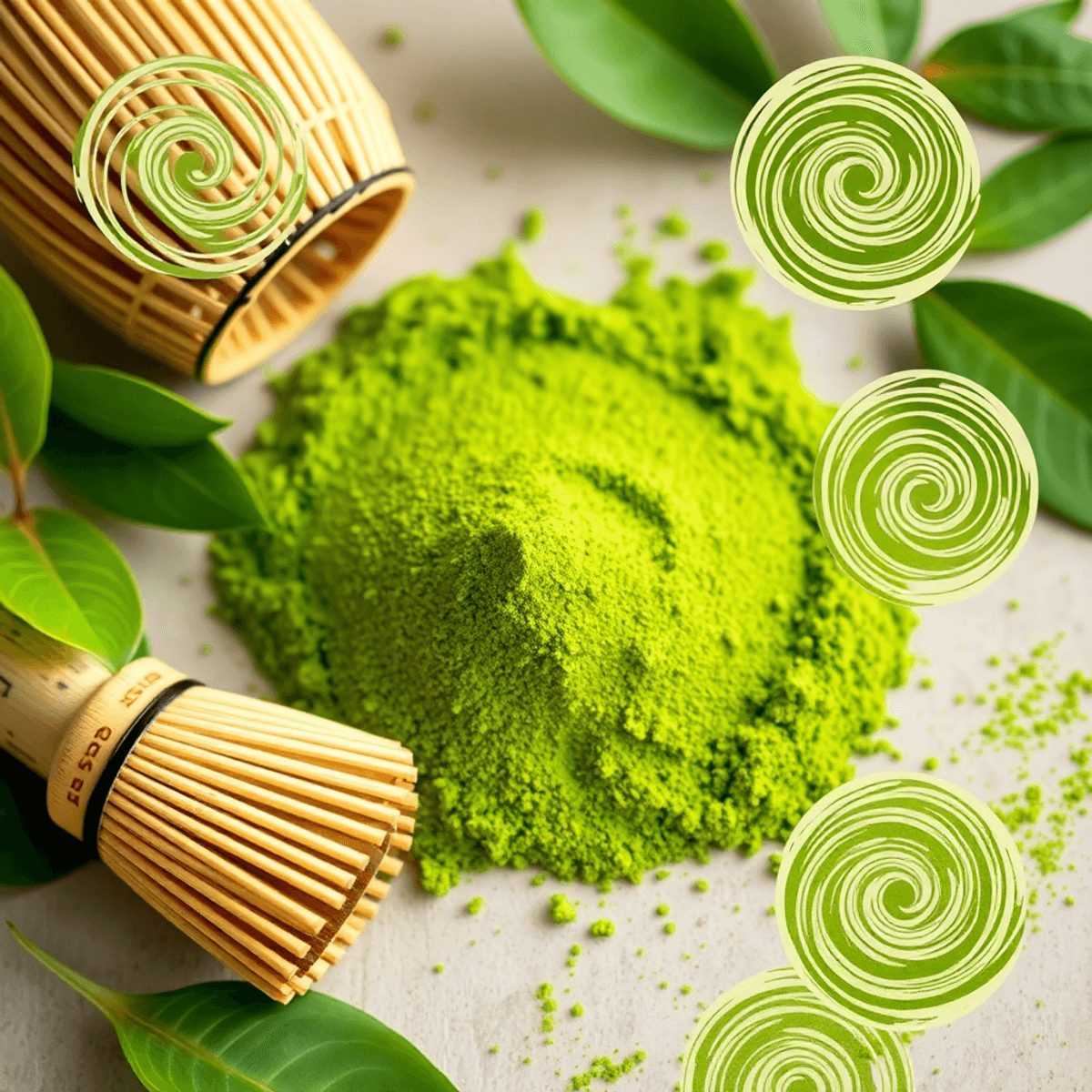 Close-up of vibrant green matcha powder with bamboo whisk, fresh tea leaves, and abstract swirls on a soft natural background.