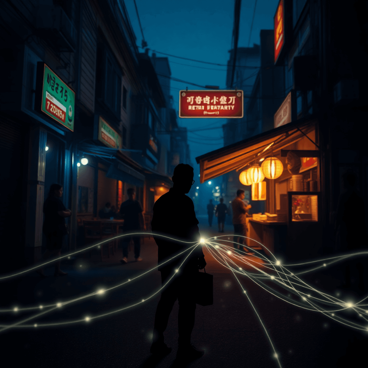 police from bangkok do not want to give me police report about stolen computer cash and car Dimly lit Pattaya street at night with a shadowy restaurant worker, blurred figures, and faint glowing lines symbolizing deception and caution.