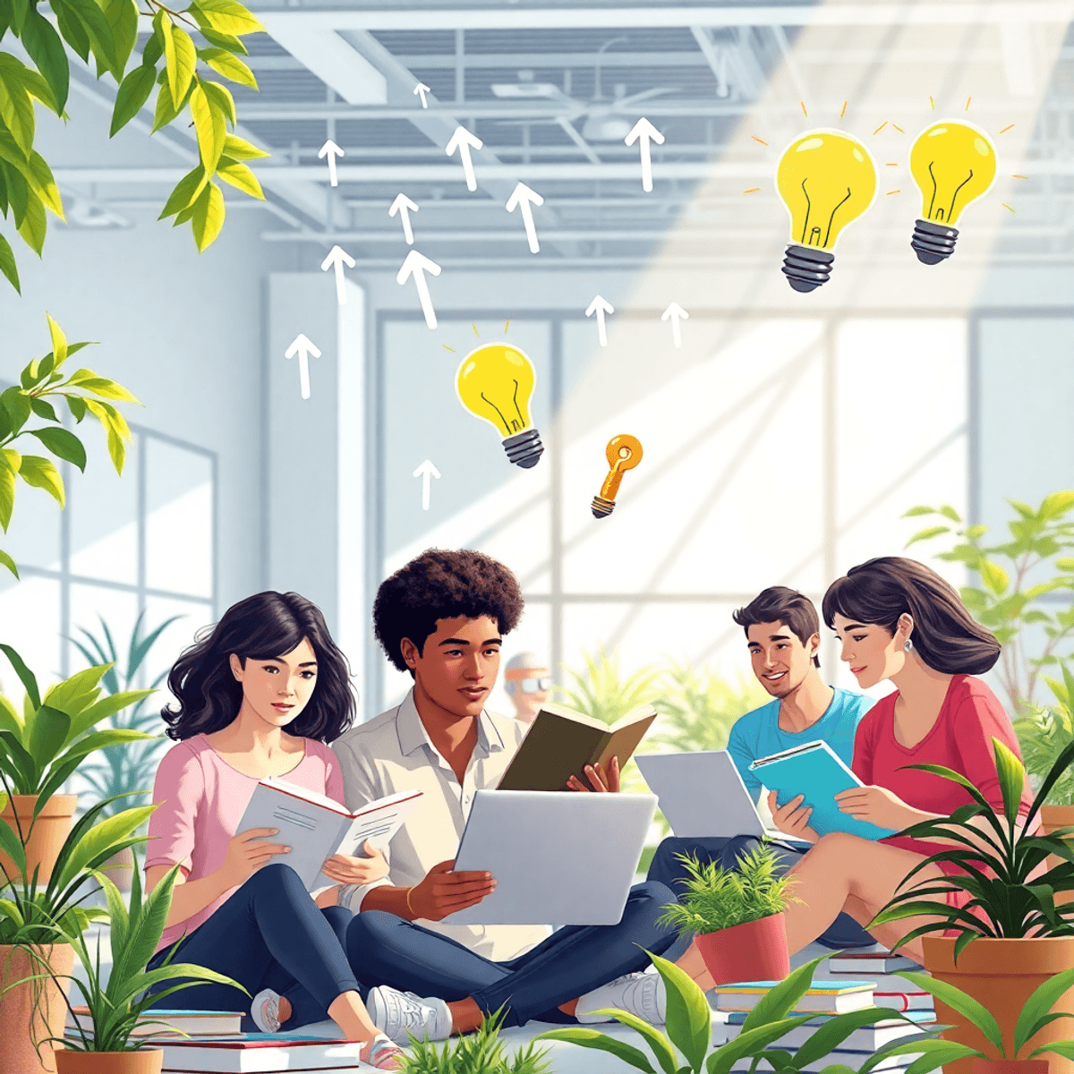 SEO hobby expert lifelong school A diverse group learning together in a sunlit room with plants, books, laptops, and floating symbols of growth like arrows and light bulbs.